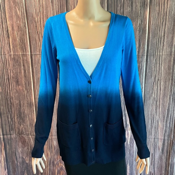Forever 21 size medium navy & bright blue ombre casual boho retro cardigan - Picture 6 of 16